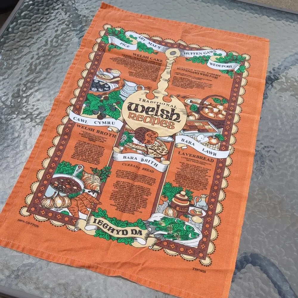 Traditional Welsh Recipes Tea Towel Cottagecore Kitchen Culinary Linen 70s vibe